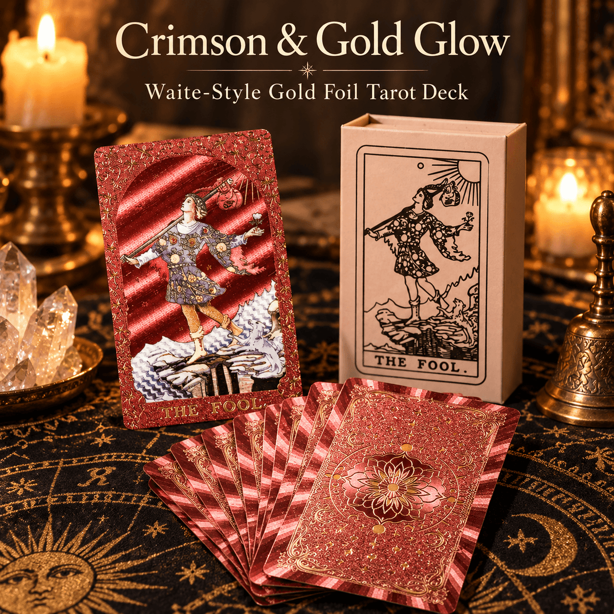 Crimson & Gold Glow — Waite-Style Gold Foil Tarot Deck