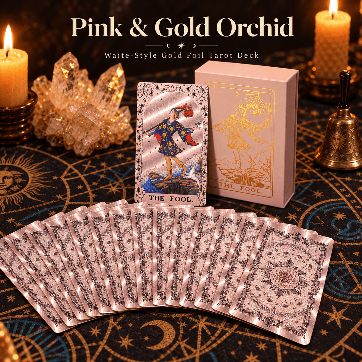 Pink & Gold Orchid — Waite-Style Gold Foil Tarot Deck