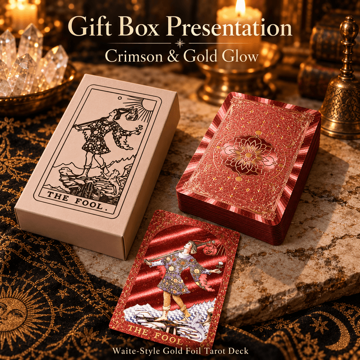Crimson & Gold Glow — Waite-Style Gold Foil Tarot Deck
