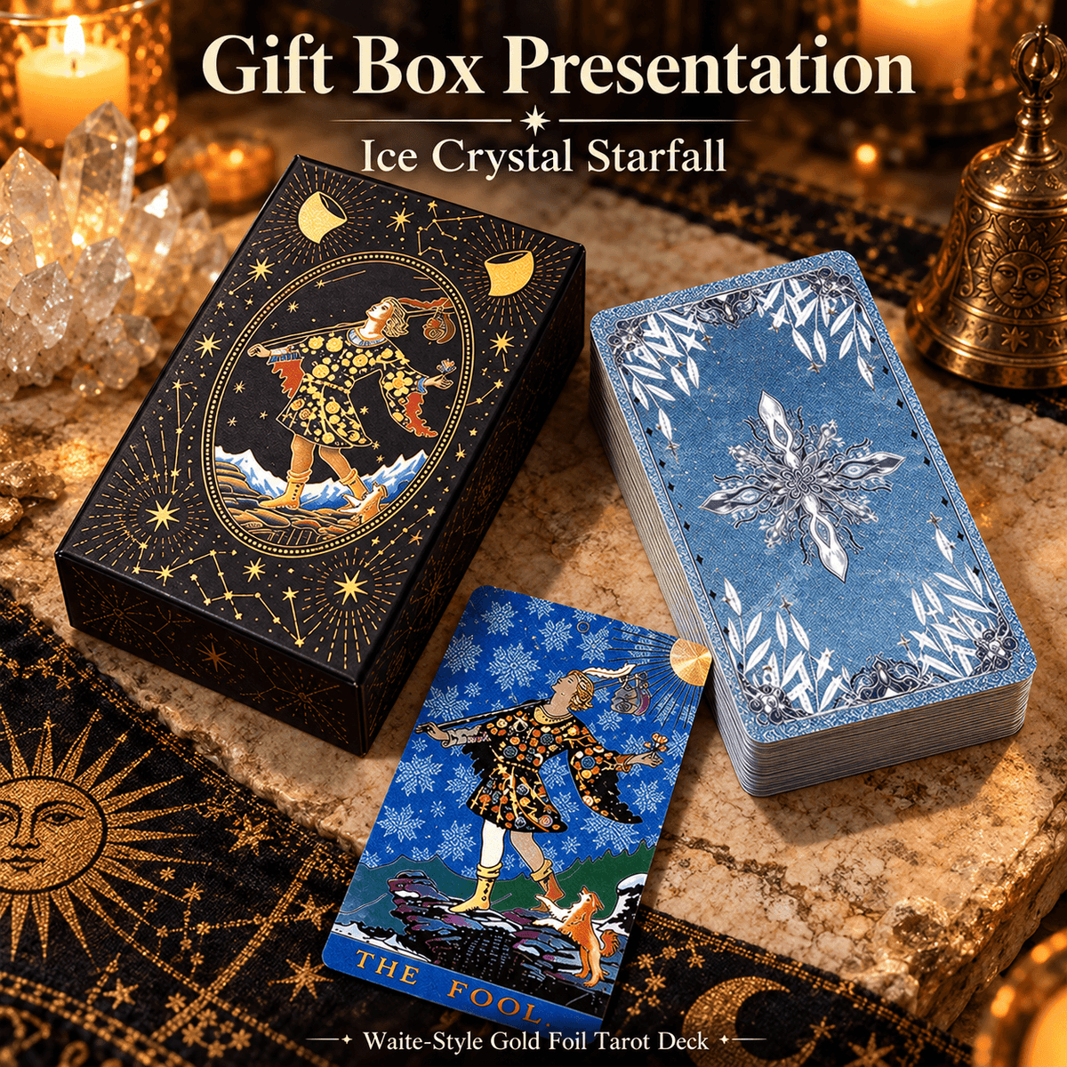 Ice Crystal Starfall — Waite-Style Gold Foil Tarot Deck