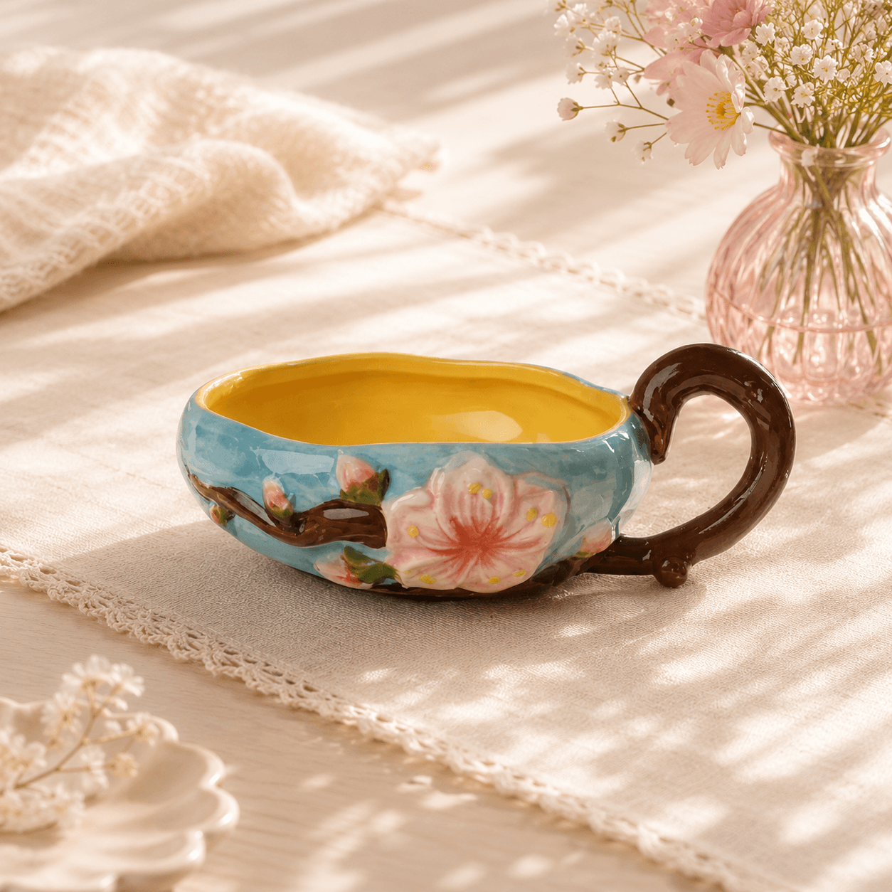 Peach Blossom Relief Handle Bowl