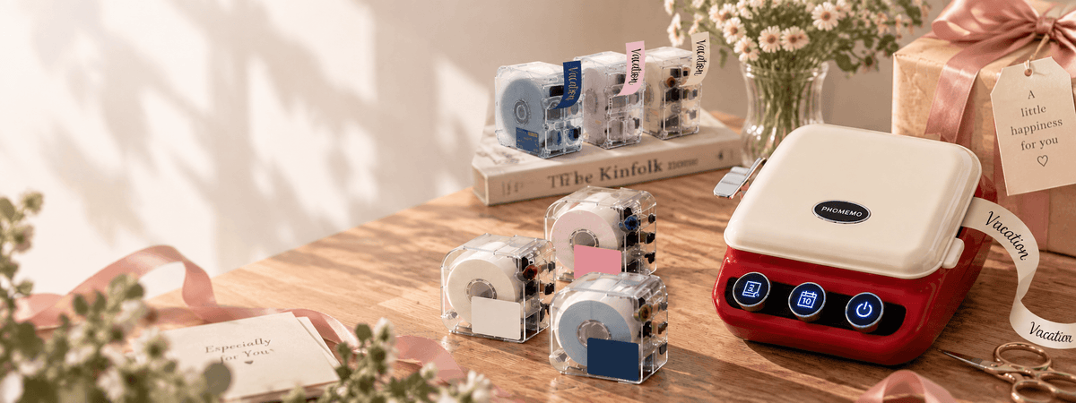 Cream retro ribbon printer with pink ribbon and tulips