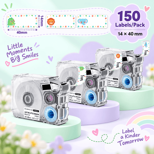 Phomemo T10 14x40mm Black on Leo The Little Dragon Patterns Label Tapes for P15/A30