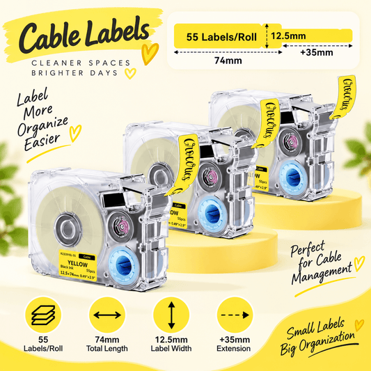 Phomemo T12 12.5mmx74mm+35mm Black on Yellow Cable Label Tapes for P15/A30