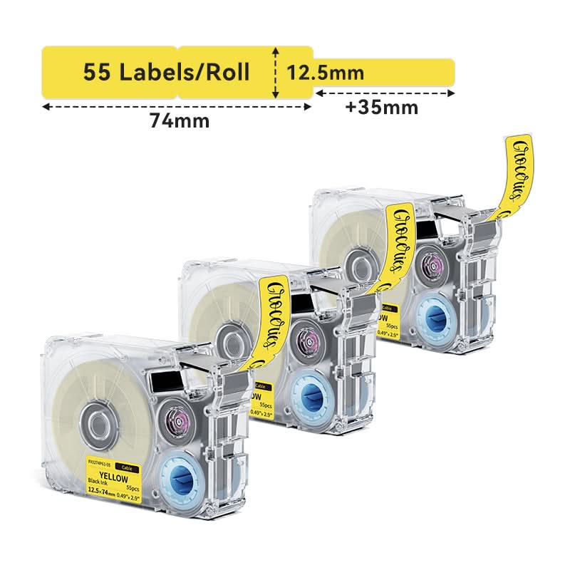 Phomemo 12.5mmx74mm+35mm Black on Yellow Cable Label Tapes for P15/A30